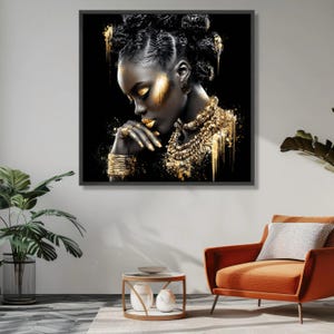 Elegant Black and Gold Portrait Canvas, African Woman Art Print, Modern Ethnic Wall Art, Glamour Home Decor, Stylish Canvas Painting image 3