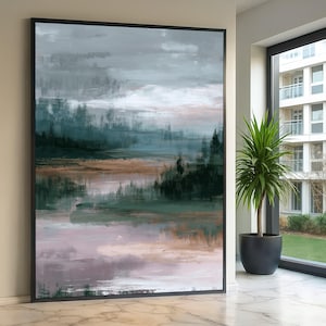 Lienzo con paisaje abstracto y tranquilo, arte mural de naturaleza evocadora, pintura en suaves tonos tierra, decoración moderna para el hogar, lienzo listo para colgar.