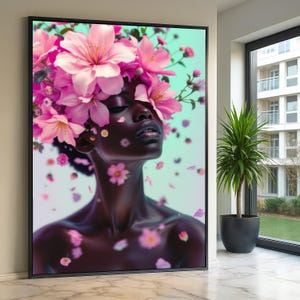 Floral Crown Portrait Canvas, Elegant Woman with Pink Flowers, Moody Wall Art, Feminine Home Decoration, Botanical Face Art Canvas