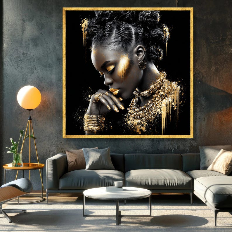 Elegant Black and Gold Portrait Canvas, African Woman Art Print, Modern Ethnic Wall Art, Glamour Home Decor, Stylish Canvas Painting image 2