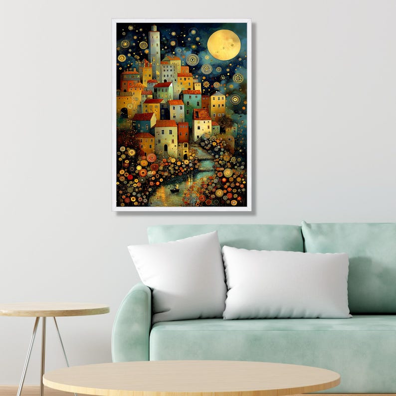 Gustav Klimt Inspired Night Village Canvas, Starry Sky and Moonlight Wall Art, Colorful Scenic Town Landscape Canvas, Artistic Home Decor image 5