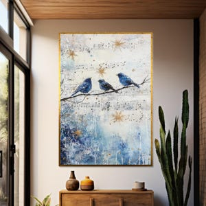 Lienzo de trío de pájaros azules, arte de pared con notas musicales, impresión de pájaros azules de invierno, póster de pájaros en una rama, diseño de lienzo para arte de pared, decoración lista para colgar