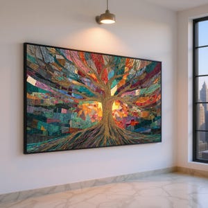 May include: Large framed artwork featuring a colorful tree design. The tree has a golden trunk and roots, with branches and leaves in shades of red, orange, blue, and green. The artwork is displayed on a white wall in a well-lit room.