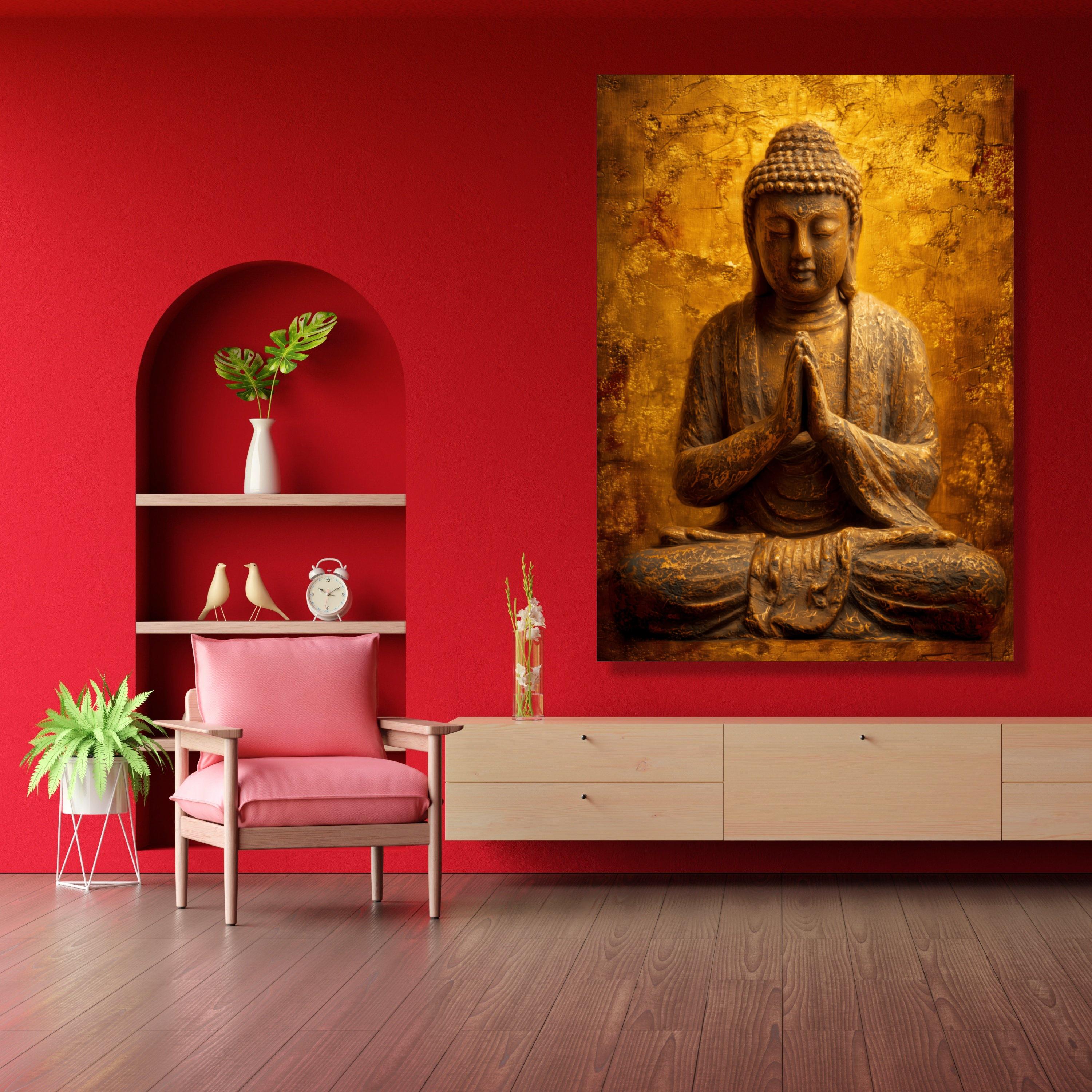 Serene Buddha Statue Canvas Wall Art, Golden Meditation Decor ...