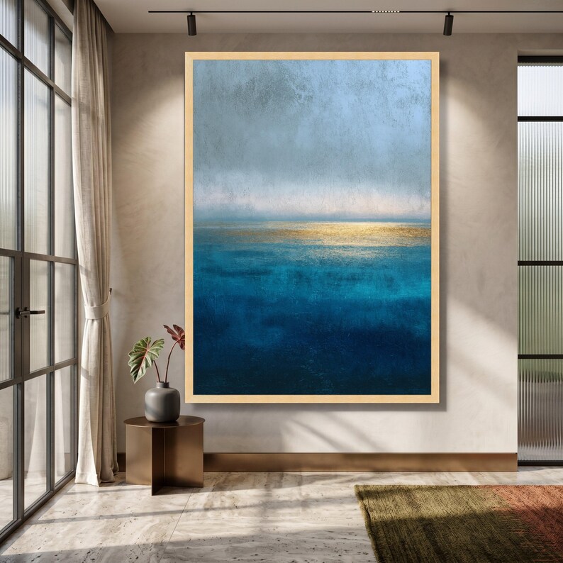 Abstract Ocean Horizon Canvas, Blue and Gold Wall Art, Modern Seascape, Contemporary Rothko Style Canvas, Coastal Home Decoration image 7