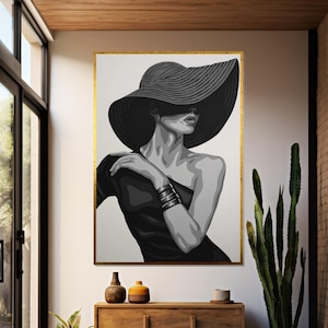 Elegant Lady with Hat Canvas, Monochrome Wall Art, Fashion Portrait Print, Stylish Canvas Design, Ready to Hang Home Decor, Modern Art