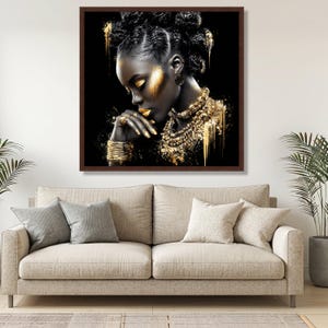 Elegant Black and Gold Portrait Canvas, African Woman Art Print, Modern Ethnic Wall Art, Glamour Home Decor, Stylish Canvas Painting image 5