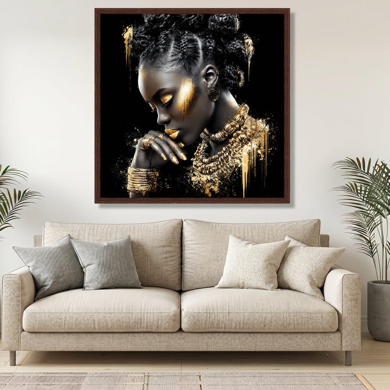 Elegant Black and Gold Portrait Canvas, African Woman Art Print, Modern Ethnic Wall Art, Glamour Home Decor, Stylish Canvas Painting image 5