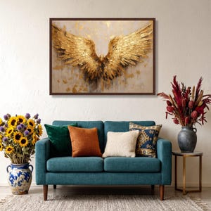 Golden Angel Wings Canvas, Gold Feather Wall Art, Elegant Wings Poster, Wall Art Canvas Design, Framed Canvas, Ready to Hang Decoration