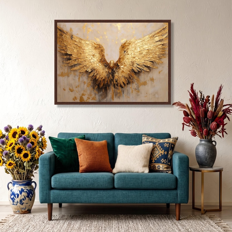 Golden Angel Wings Canvas, Gold Feather Wall Art, Elegant Wings Poster, Wall Art Canvas Design, Framed Canvas, Ready to Hang Decoration