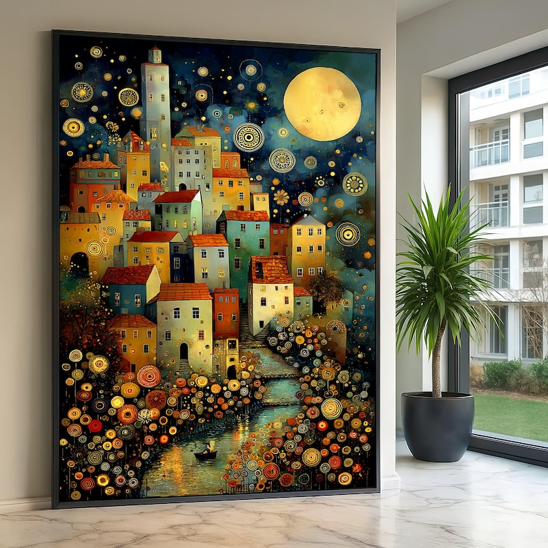 Gustav Klimt Inspired Night Village Canvas, Starry Sky and Moonlight Wall Art, Colorful Scenic Town Landscape Canvas, Artistic Home Decor image 1