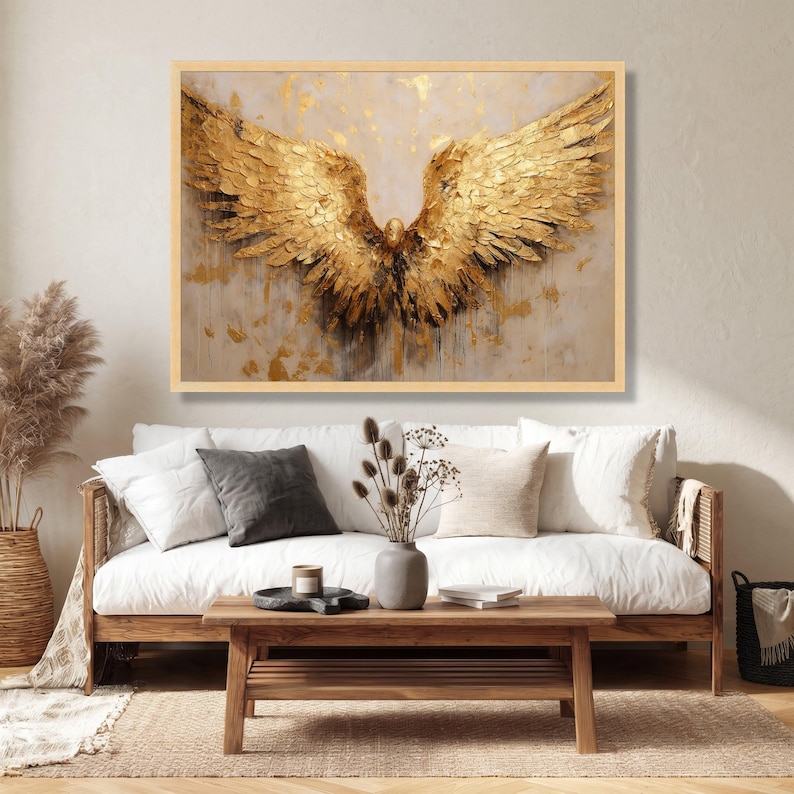 Golden Angel Wings Canvas, Gold Feather Wall Art, Elegant Wings Poster, Wall Art Canvas Design, Framed Canvas, Ready to Hang Decoration