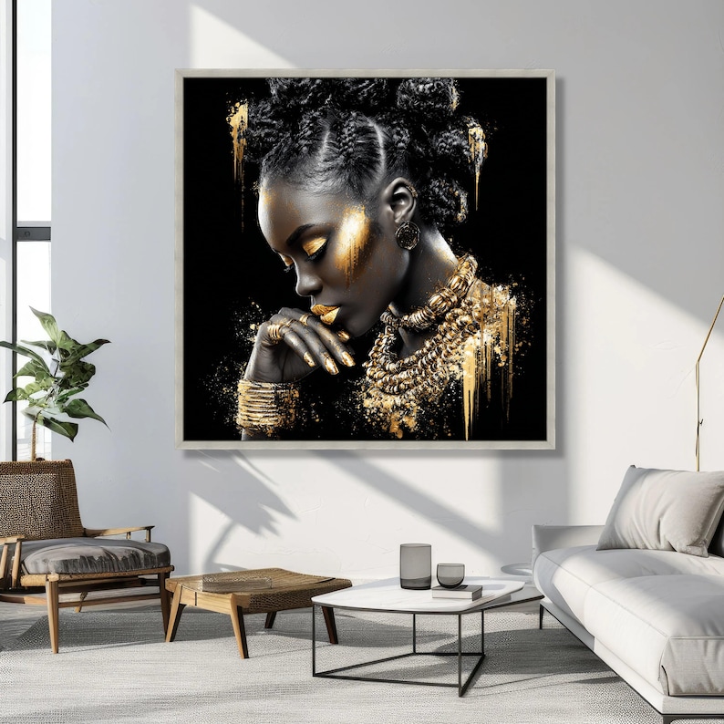 Elegant Black and Gold Portrait Canvas, African Woman Art Print, Modern Ethnic Wall Art, Glamour Home Decor, Stylish Canvas Painting image 4