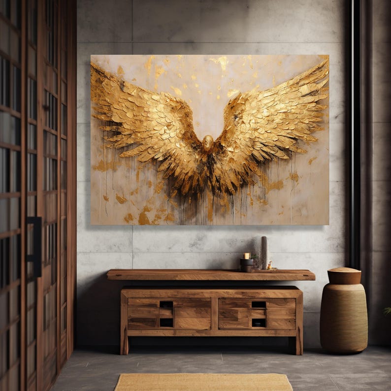 Golden Angel Wings Canvas, Gold Feather Wall Art, Elegant Wings Poster, Wall Art Canvas Design, Framed Canvas, Ready to Hang Decoration image 8