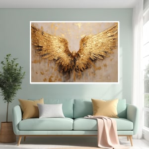 Golden Angel Wings Canvas, Gold Feather Wall Art, Elegant Wings Poster, Wall Art Canvas Design, Framed Canvas, Ready to Hang Decoration