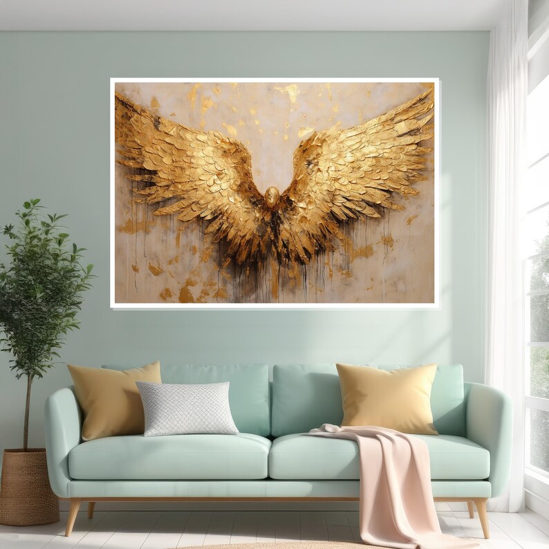 Golden Angel Wings Canvas, Gold Feather Wall Art, Elegant Wings Poster, Wall Art Canvas Design, Framed Canvas, Ready to Hang Decoration