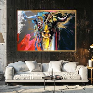 Color Splash Bull Canvas, Abstract Bull Art, Multicolor Bull Wall Art, Modern Animal Poster, Wall Art Canvas Design, Ready To Hang Decor