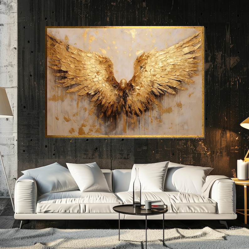 Golden Angel Wings Canvas, Gold Feather Wall Art, Elegant Wings Poster, Wall Art Canvas Design, Framed Canvas, Ready to Hang Decoration image 2