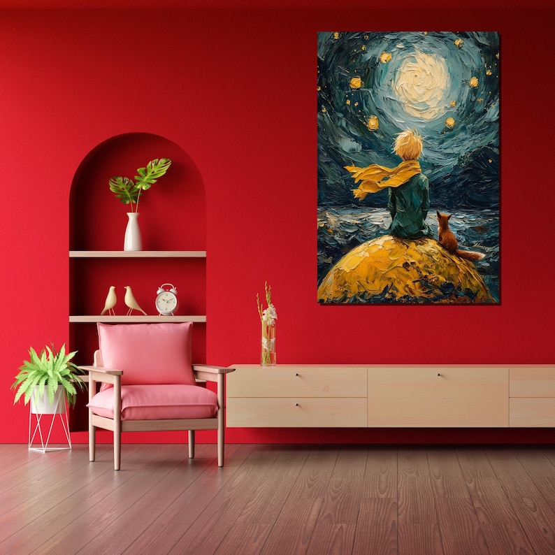Little Prince Starry Night, Boy with Scarf, Fox Companion, Wall Art Canvas Design, Ready to Hang Decoration, Whimsical Art image 3