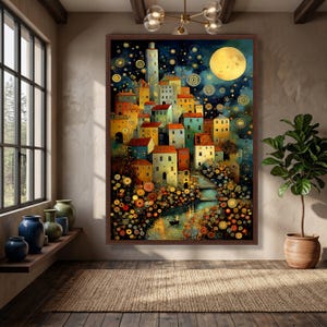 Gustav Klimt Inspired Night Village Canvas, Starry Sky and Moonlight Wall Art, Colorful Scenic Town Landscape Canvas, Artistic Home Decor image 8