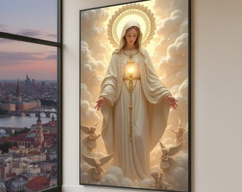 Può includere: Stampa artistica religiosa incorniciata raffigurante una figura serena in abito bianco, circondata da nuvole e angeli. La figura ha un'aureola dorata e una luce brillante che emana dal petto. L'opera d'arte è ambientata su uno sfondo di nuvole soffici.