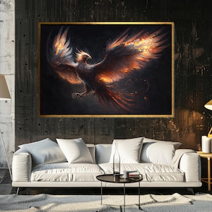 Phoenix Wall Art Canvas, Mythical Flaming Bird Print, ReadytoHang Home Decor, Fiery Phoenix Mystical Creature Artwork