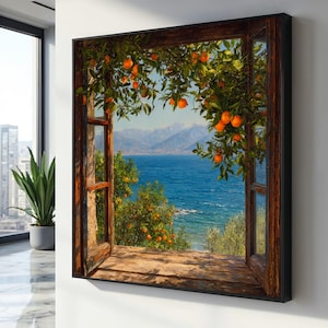 Open Window View Canvas, Orange Tree and Sea Landscape, Mediterranean Wall Art, Rustic Home Decor, Coastal Nature Canvas Painting