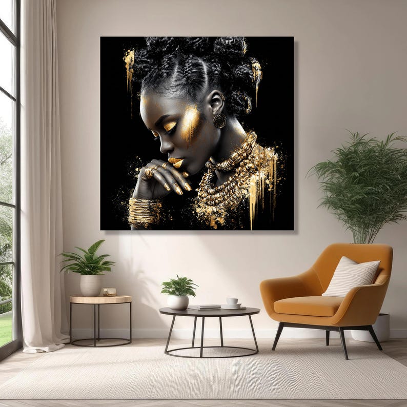 Elegant Black and Gold Portrait Canvas, African Woman Art Print, Modern Ethnic Wall Art, Glamour Home Decor, Stylish Canvas Painting image 8