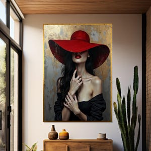 Lady in Red Hat Canvas, Glamorous Woman Art, Fashion Wall Art, Elegant Canvas Design, Ready To Hang Home Decor, Stylish Wall Print