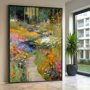Vibrant Wildflower Pathway Canvas, Colorful Garden Landscape Wall Art, Floral Meadow Painting, Nature Canvas Decor, Ready to Hang Artwork