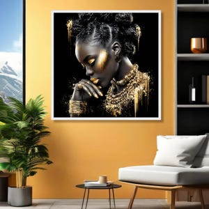 Elegant Black and Gold Portrait Canvas, African Woman Art Print, Modern Ethnic Wall Art, Glamour Home Decor, Stylish Canvas Painting image 7