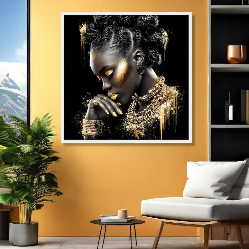 Elegant Black and Gold Portrait Canvas, African Woman Art Print, Modern Ethnic Wall Art, Glamour Home Decor, Stylish Canvas Painting image 7
