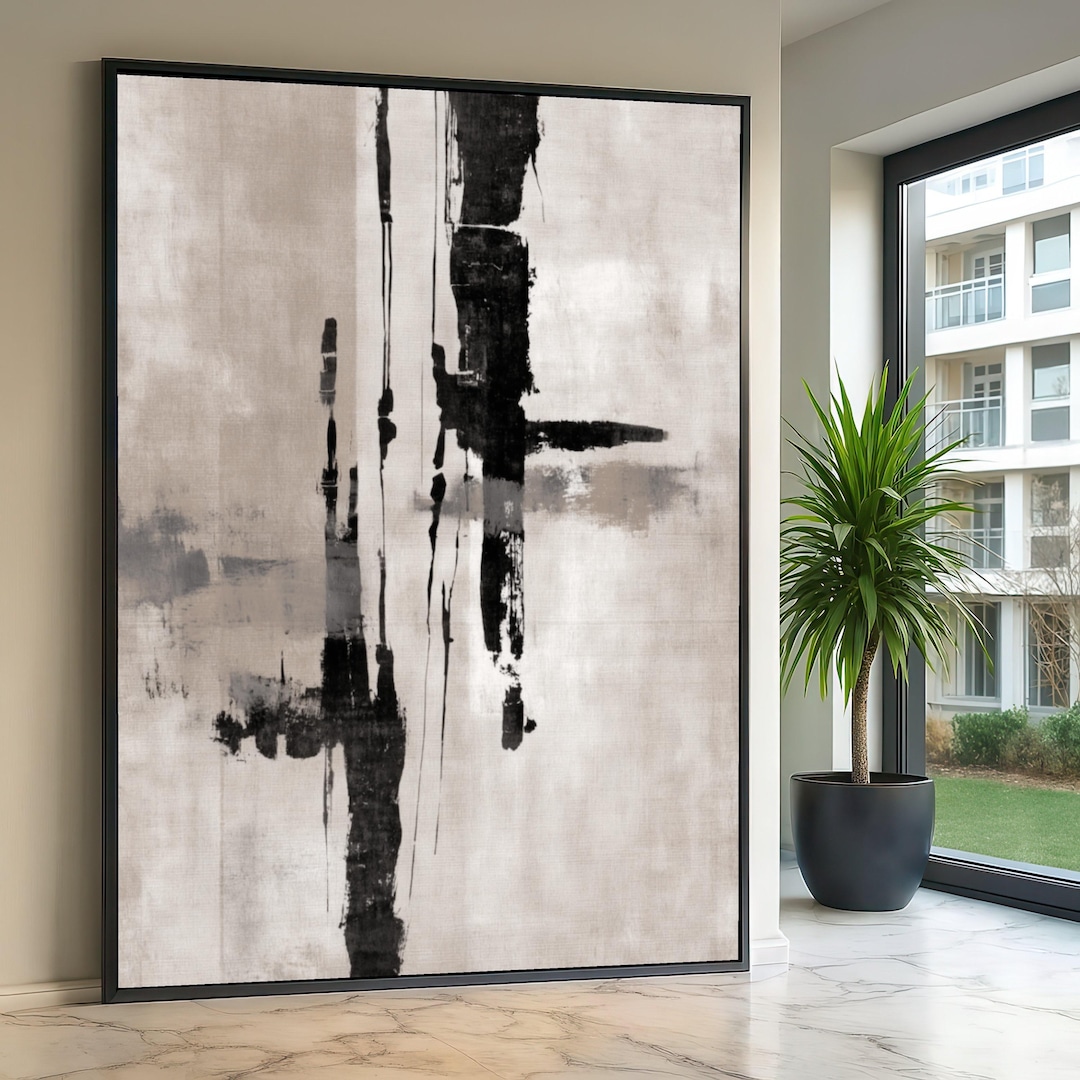 Minimalist Black and White Abstract Canvas, Modern Geometric Wall Art ...