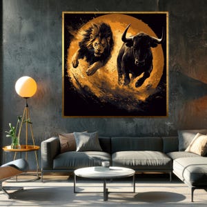 Lienzo de león y toro, arte de pared de dúo de animales, impresión dinámica de león y toro, diseño de lienzo de arte de pared, listo para colgar, póster de animales atrevidos