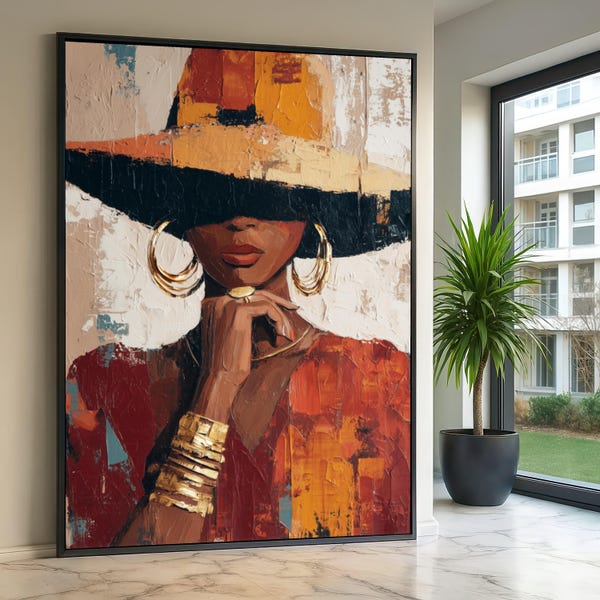 Elegante vrouw met brede rand hoed canvas, afrocentrische muurkunst, mode portret schilderij, canvas gouden sieraden, modern abstract decor
