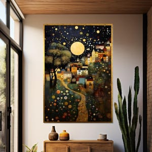 Gustav Klimt, Tela villaggio stellato, Arte paesaggio notturno da sogno, Stampa murale villaggio colorato, Design tela arte murale, Pronta da appendere