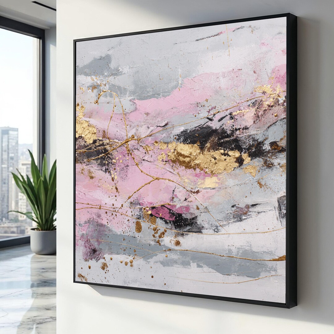 Pink and Gold Abstract Canvas Wall Art, Modern Painting, Metallic ...