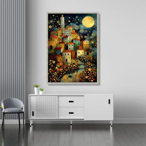 Gustav Klimt Inspired Night Village Canvas, Starry Sky and Moonlight Wall Art, Colorful Scenic Town Landscape Canvas, Artistic Home Decor image 4