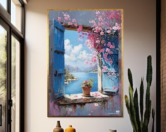 Charming Window View Canvas, Blue Shutters Blossom, Scenic Landscape Print, Wall Art Canvas Design, Ready to Hang Home Decoration