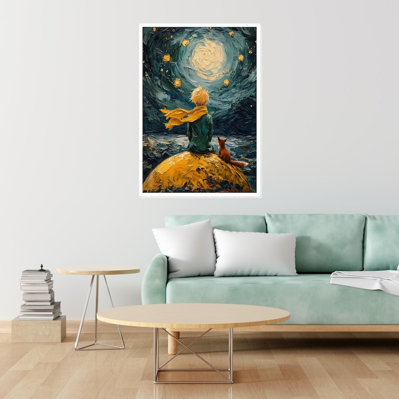 Little Prince Starry Night, Boy with Scarf, Fox Companion, Wall Art Canvas Design, Ready to Hang Decoration, Whimsical Art image 7
