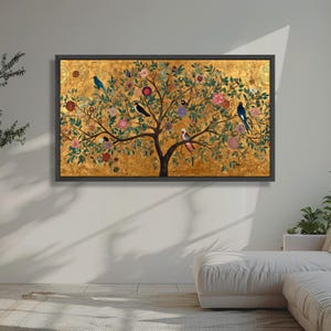 Gustav Klimt Tree of Life Canvas, Decorative Floral Wall Art, Gold Leaf Nature Painting, Bird and Flower Canvas, Elegant Home Decor image 3