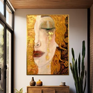 Golden Tears Canvas, Abstract Portrait Wall Art, Klimt Inspired Design, Canvas Art, Wall Decor, Ready to Hang Decoration