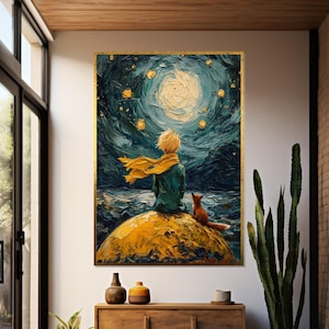 Little Prince Starry Night, Boy with Scarf, Fox Companion, Wall Art Canvas Design, Ready to Hang Decoration, Whimsical Art image 2