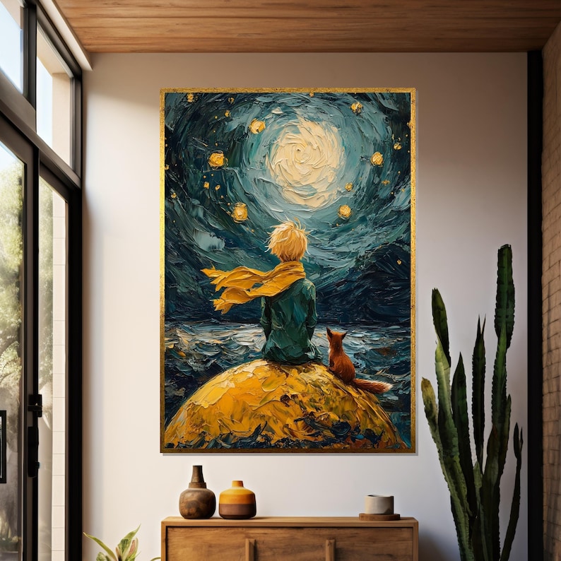 Little Prince Starry Night, Boy with Scarf, Fox Companion, Wall Art Canvas Design, Ready to Hang Decoration, Whimsical Art image 2