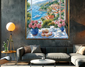 Mediterranean Coastal Canvas Art – Scenic Tea  Roses Window Wall Decor, Ready to Hang Home Decoration