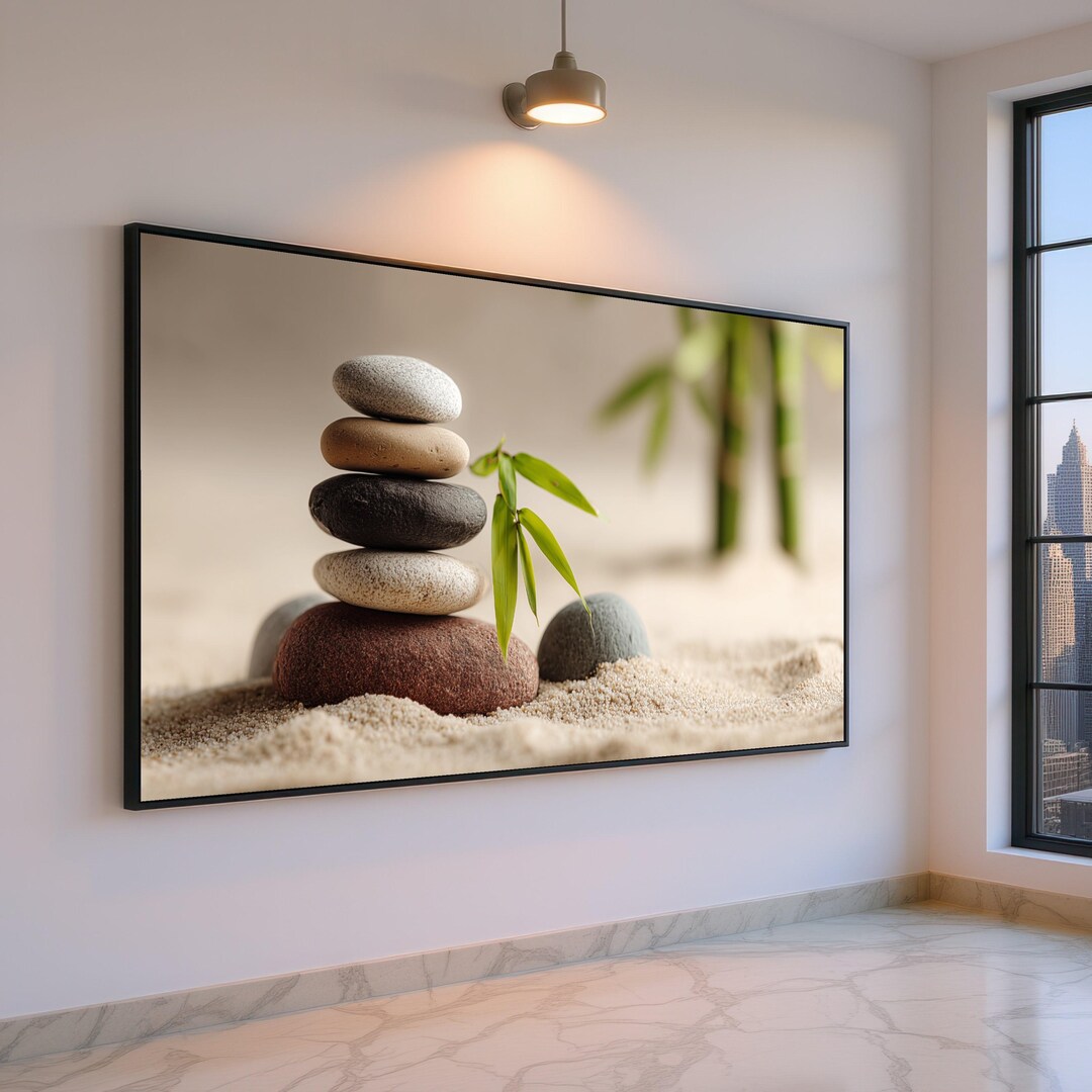Balanced Zen Stones Stack Canvas, Bamboo Leaves Spa Wall Art, Tranquil ...