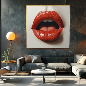 Red Lips Canvas Art, Glossy Lips Wall Art, Lipstick Kiss Poster, Modern Wall Canvas Design, Ready to Hang Home Decoration