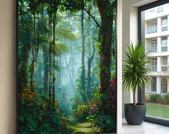 May include: A framed canvas print depicting a lush, vibrant rainforest scene. The artwork showcases a pathway winding through dense foliage, with tall trees, ferns, and hanging vines. The color palette is dominated by greens, with hints of red and yellow.