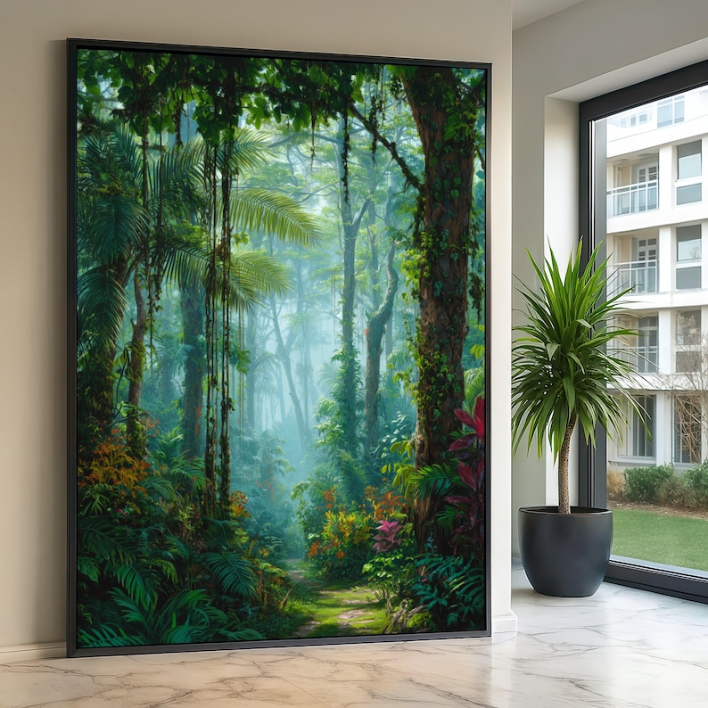 Lush Tropical Rainforest Path Canvas, Green Jungle Wall Art, Nature Landscape Decoration, Exotic Botanical Canvas, Ready to Hang Home Art image 1