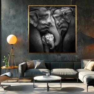 Elephant Family Love Canvas, Elephant Wall Art, Animal Portrait Canvas, Monochrome Elephant Print, Wall Art Canvas Design, Ready to Hang